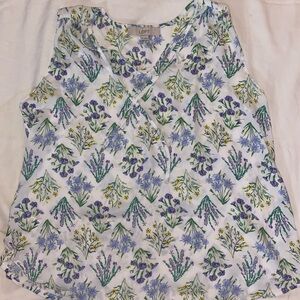 LOFT White Floral Sleeveless Top with Lavender & Green Sprigs